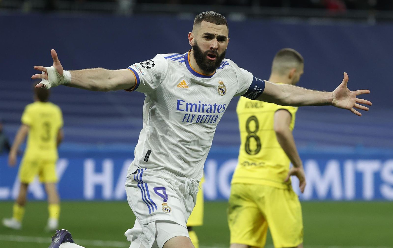 Karim Benzema celebra un gol ante el Chelsea en la Champions League