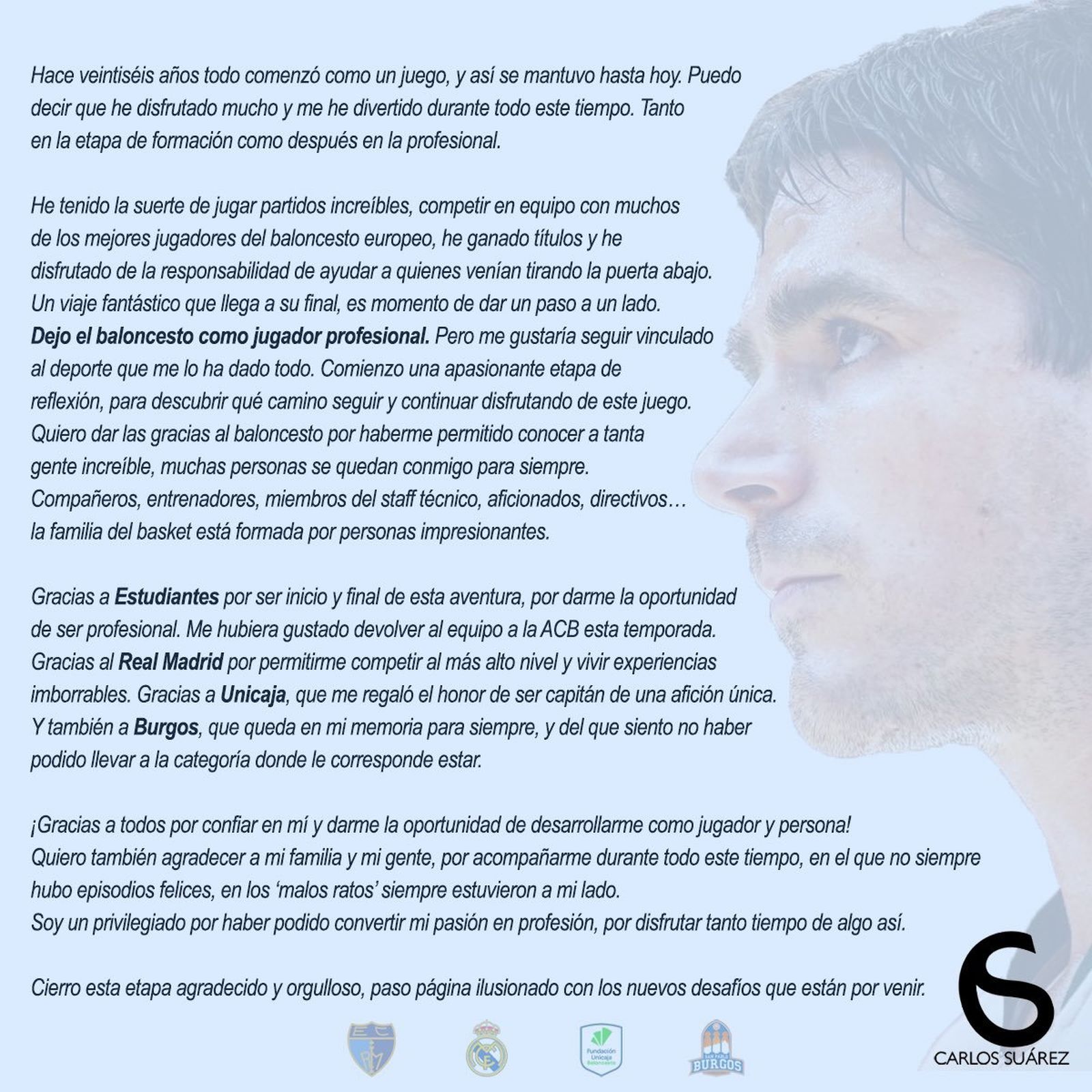Carta de despedida de Carlos Suárez