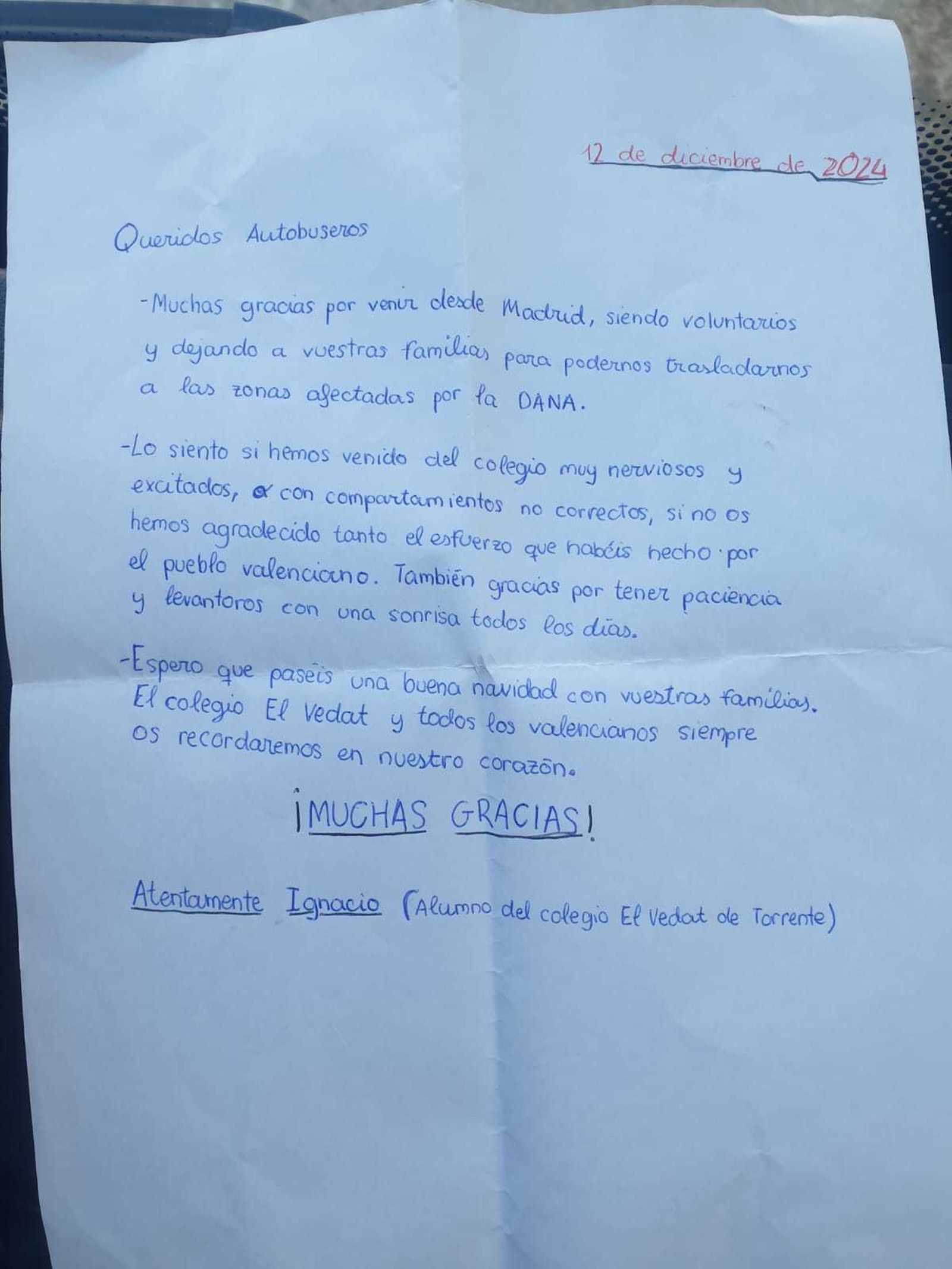 La carta de Ignacio para los autobuseros voluntarios en Valencia