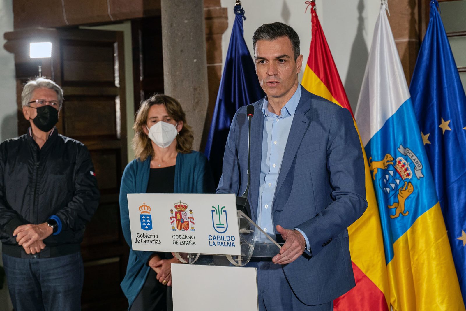 El presidente del Gobierno, Pedro Sánchez, durante una rueda de prensa en La Palma