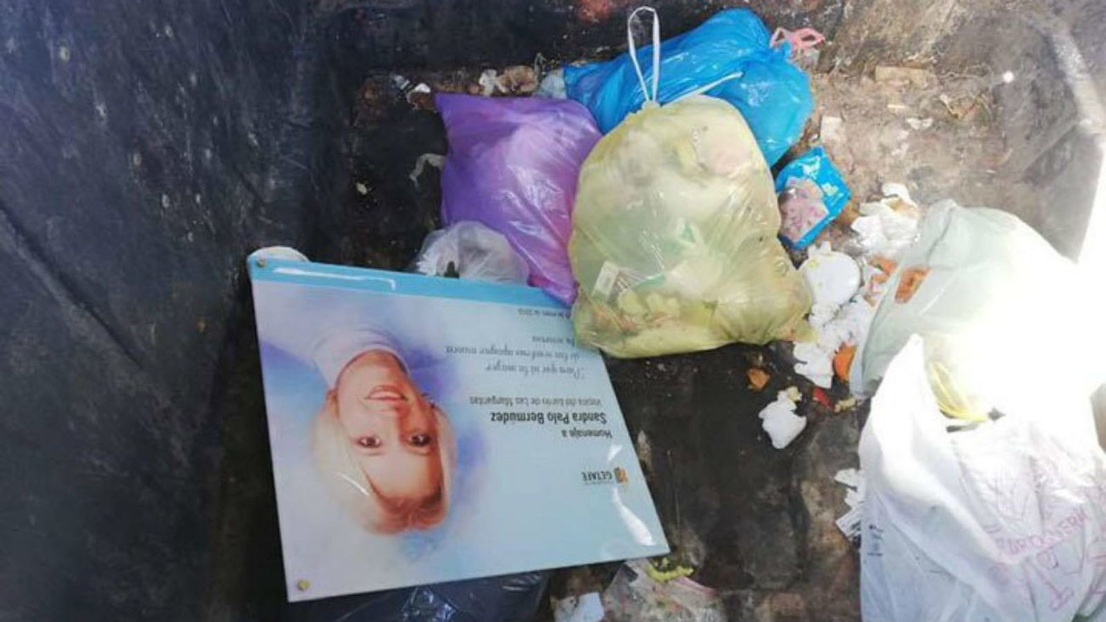 Placa de Sandra Palo en la basura