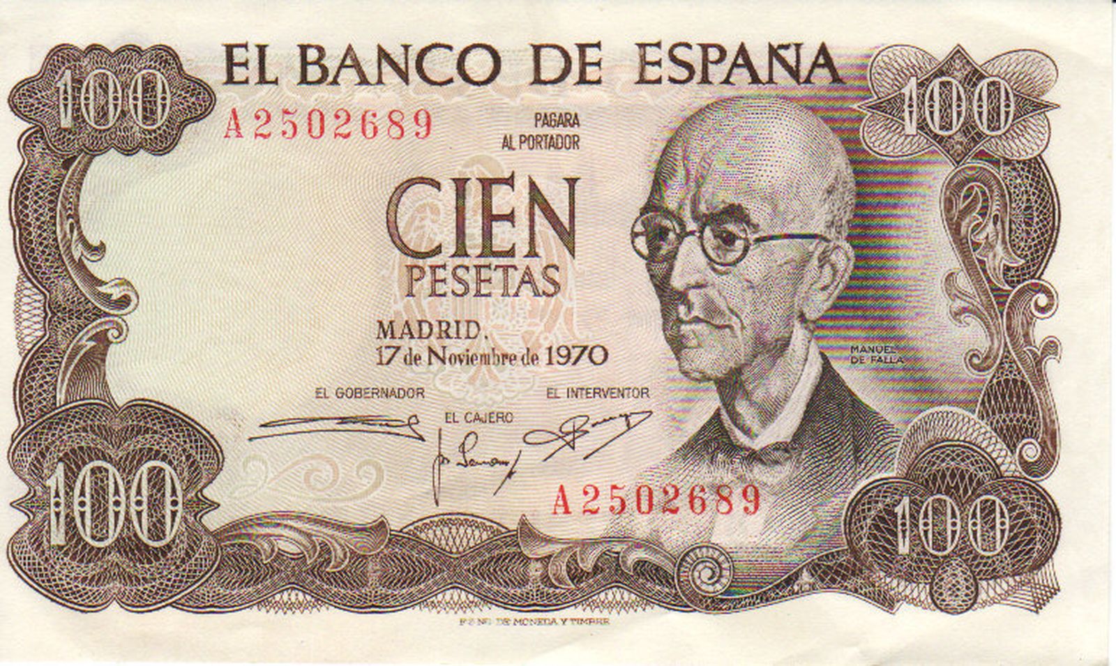 Billete de cien pesetas con la efigie de Manuel de Falla