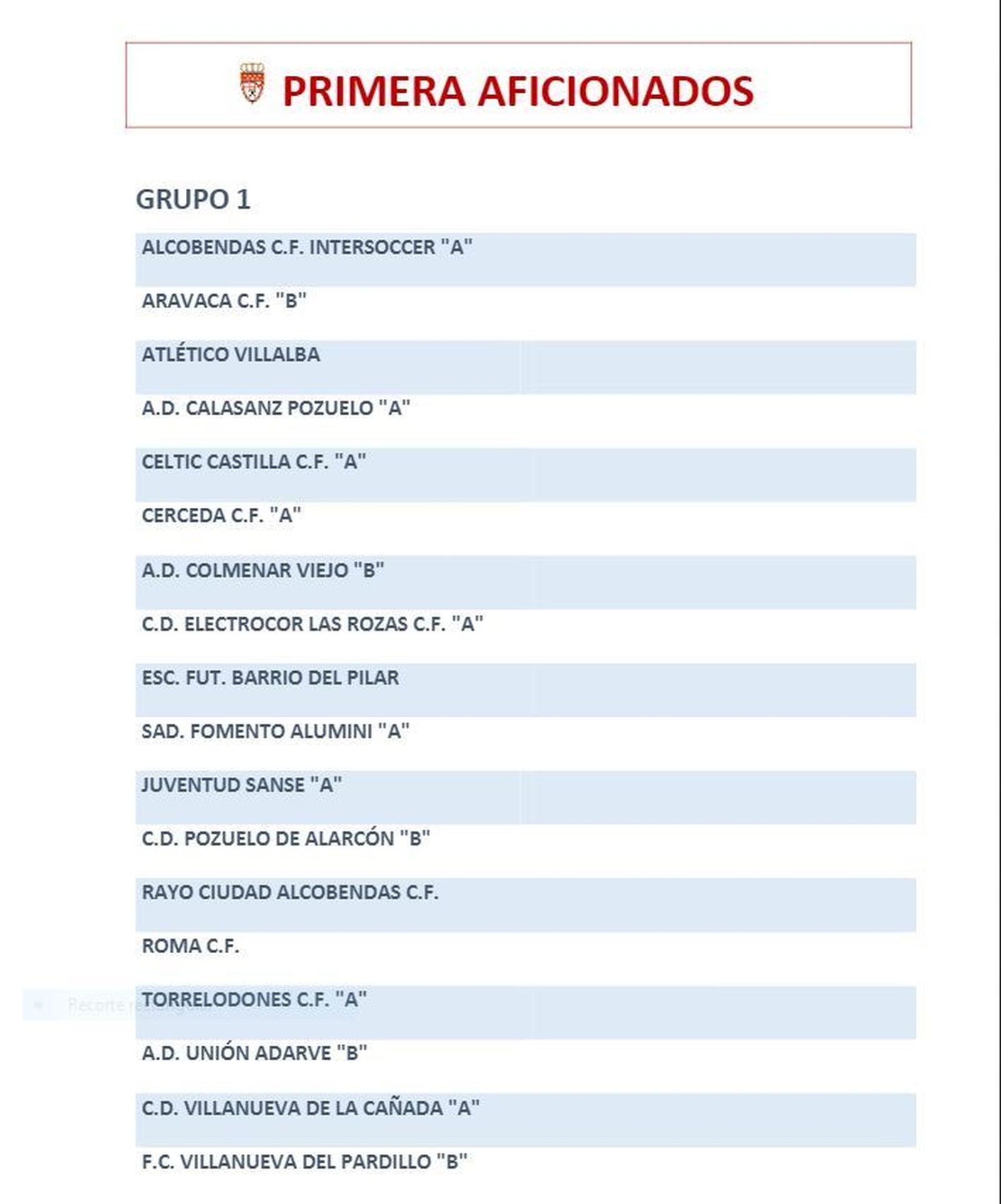 Grupo 1 de Primera Aficionados