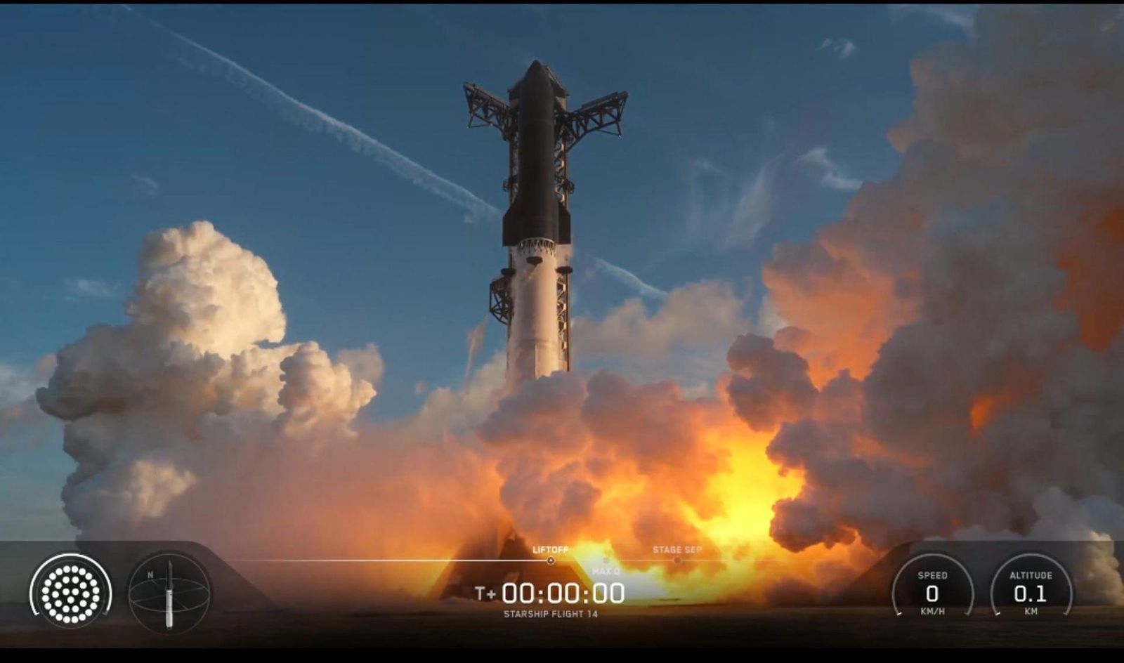La nave Starship despega desde la base de Starbase, el complejo de SpaceX en Texas