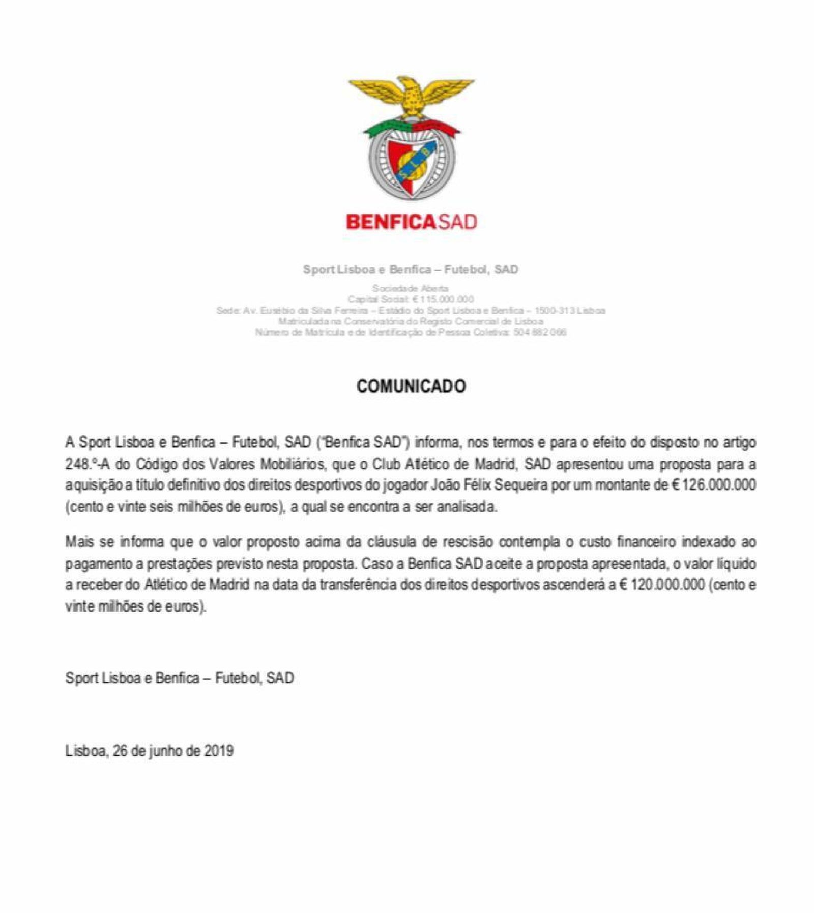 Comunicado del Benfica