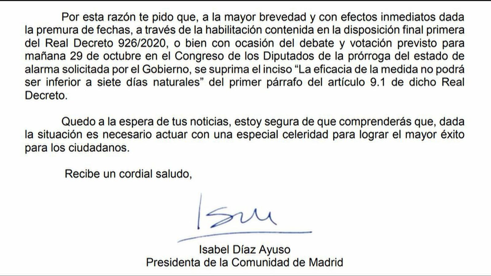Carta da Ayuso a Pedro Sánchez