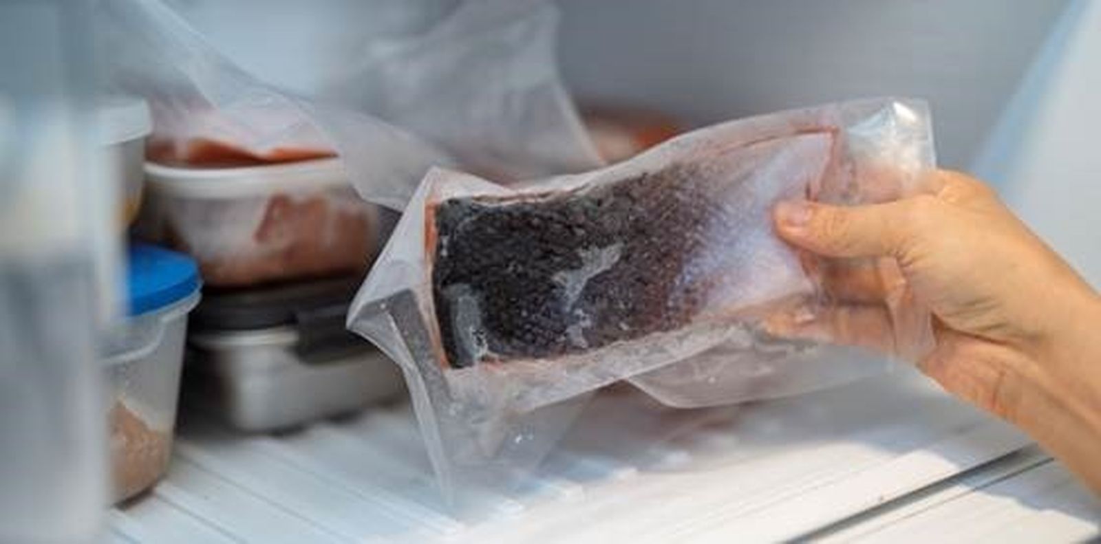 Una porción de salmón congelado envuelta en plástico