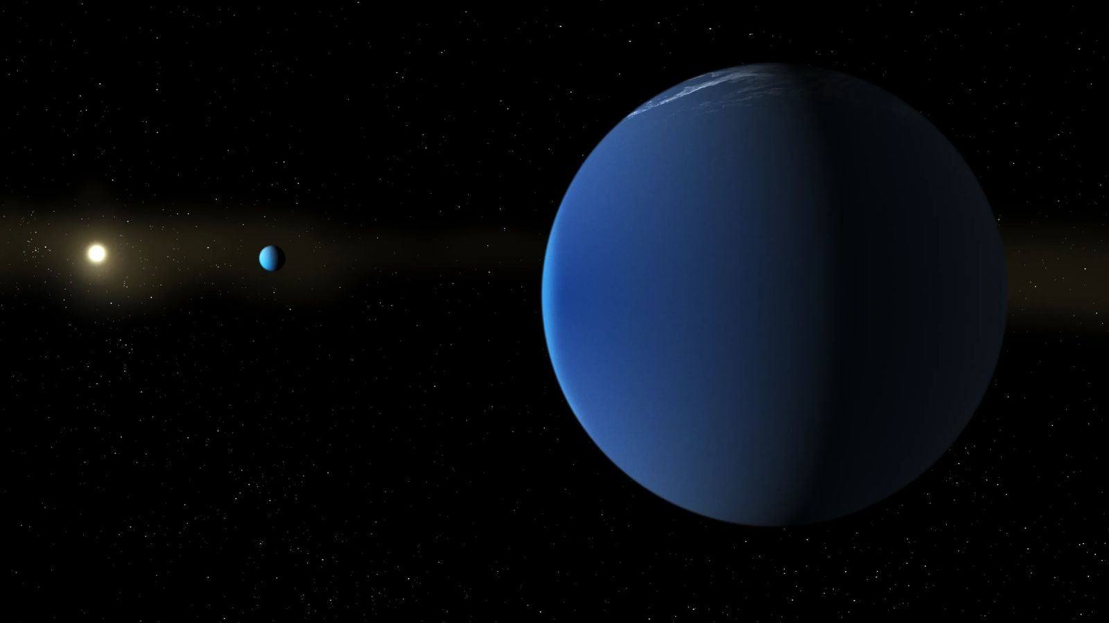 Ilustración de la estrella TOI-791, similar al Sol, y los dos planetas gigantes TOI-791 b y TOI-791 c