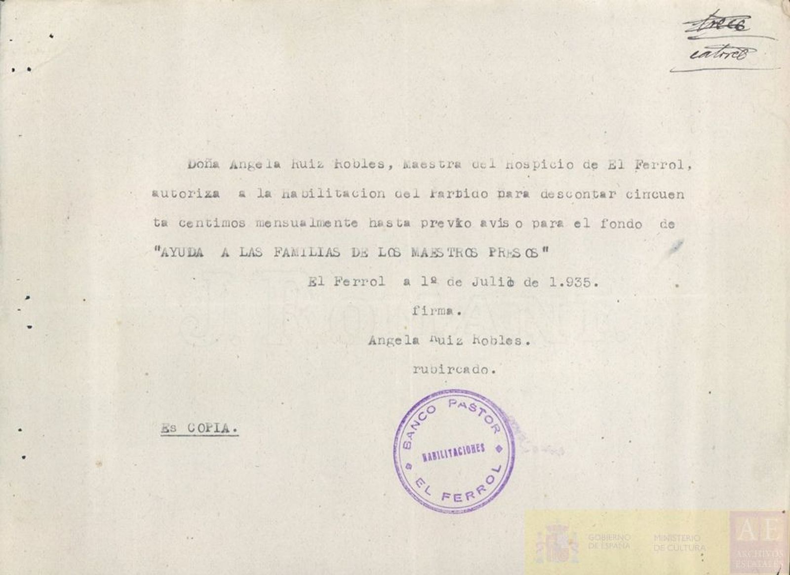 Copia del cargo de 50 cént. para el fondo de "Ayuda a las familias de los maestros presos" de Ángela Ruiz Robles