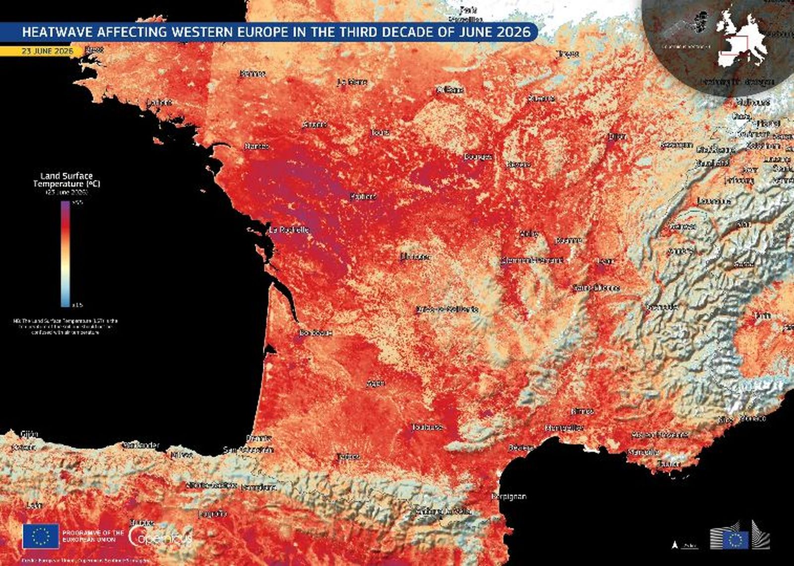 Imagen satélite del 23 de junio de 2026 con temperaturas a nivel de suelo en el norte de España y sur de Francia