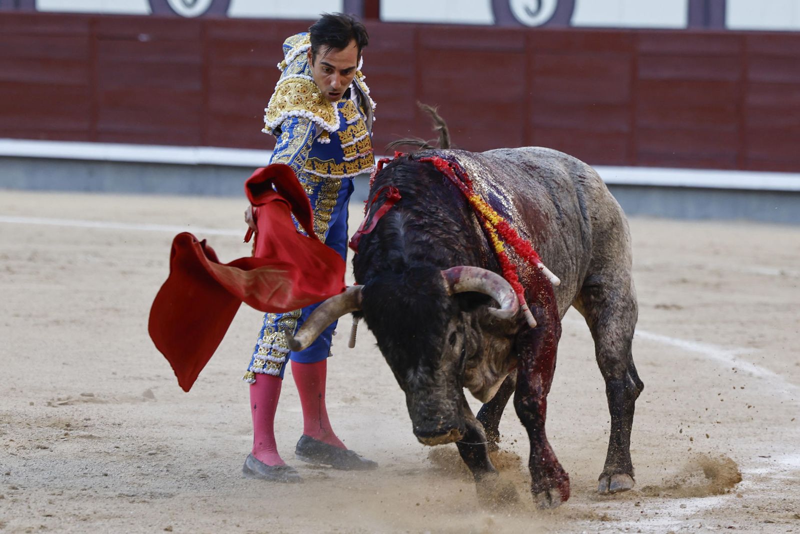 El diestro Gómez del Pilar da un pase con la muleta al segundo de los de su lote