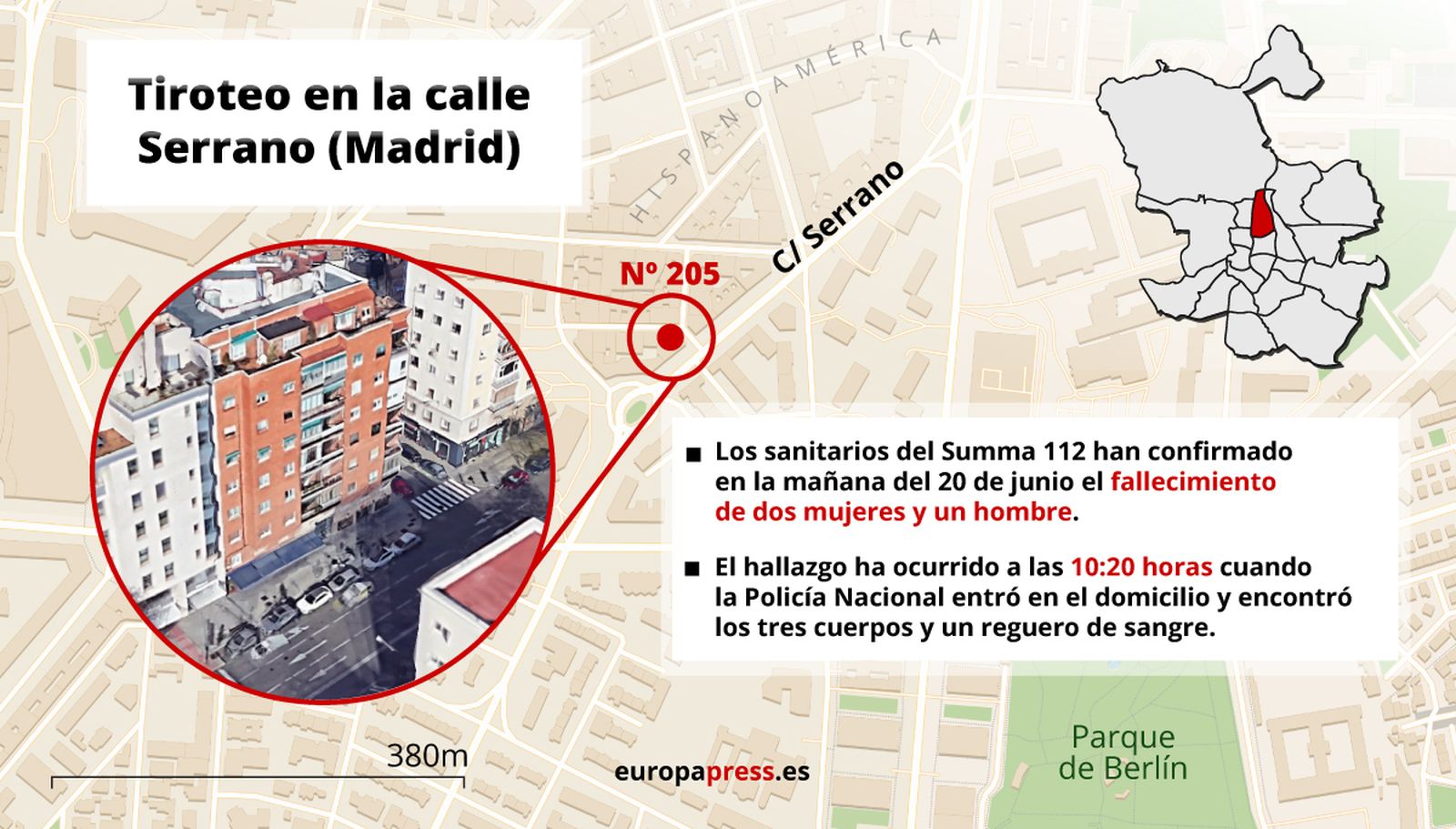 Mapa con el lugar donde la Policía Nacional ha encontrado tres cuerpos sin vida en la mañana del 20 de junio de 2022 en la calle Serrano (Madrid).