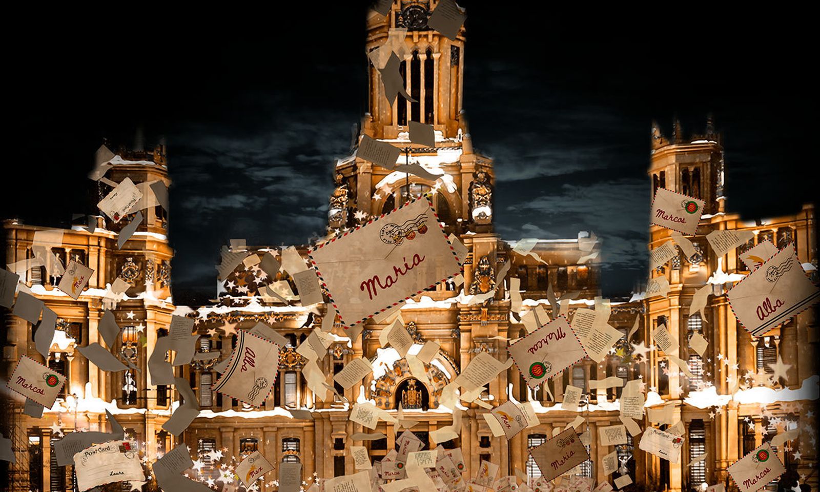 Videomapping con cartas navideñas en el Palacio de Cibeles