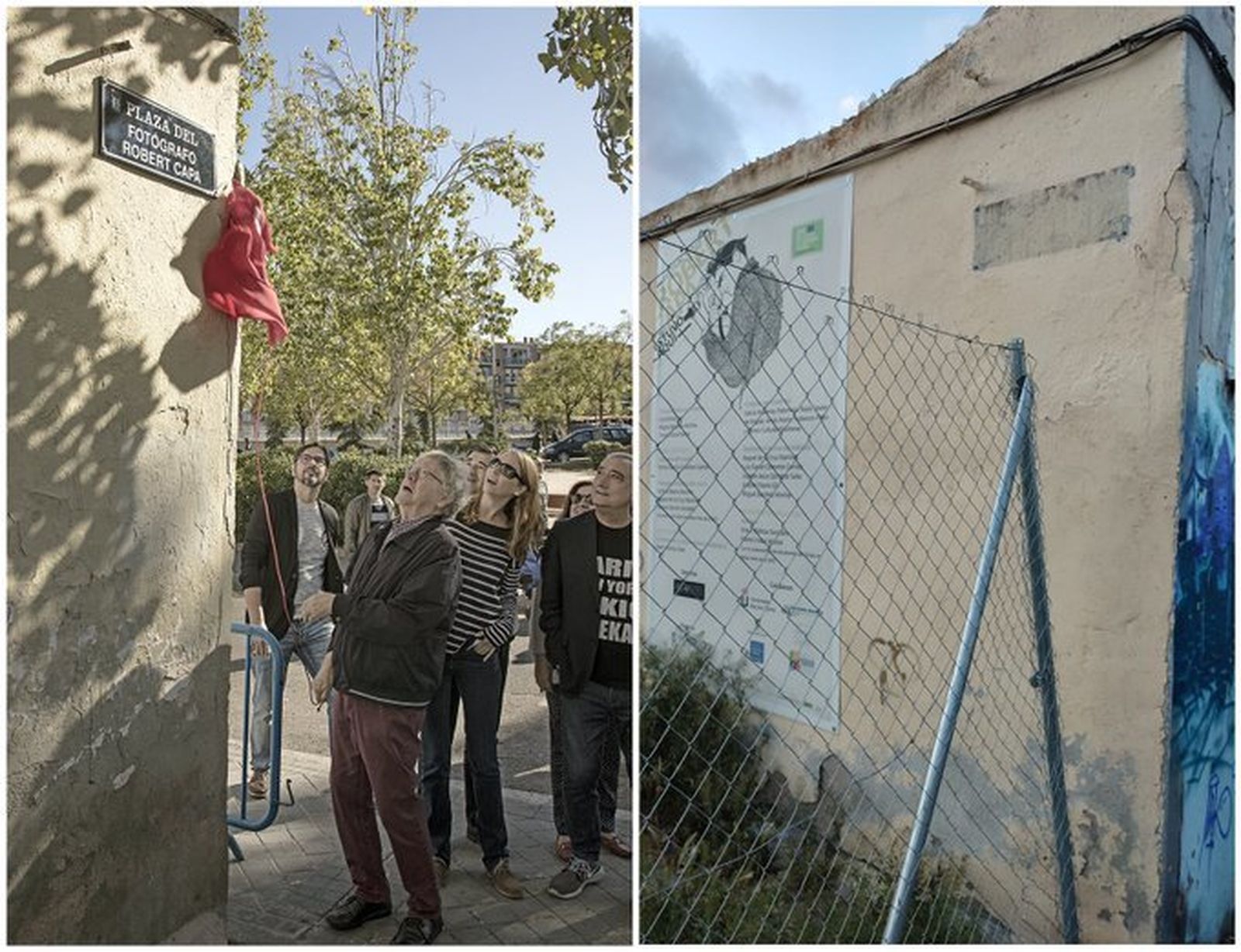 Dos imágenes, la de la inauguración de la placa en 2017 y la del hueco dejado tras su sustracción