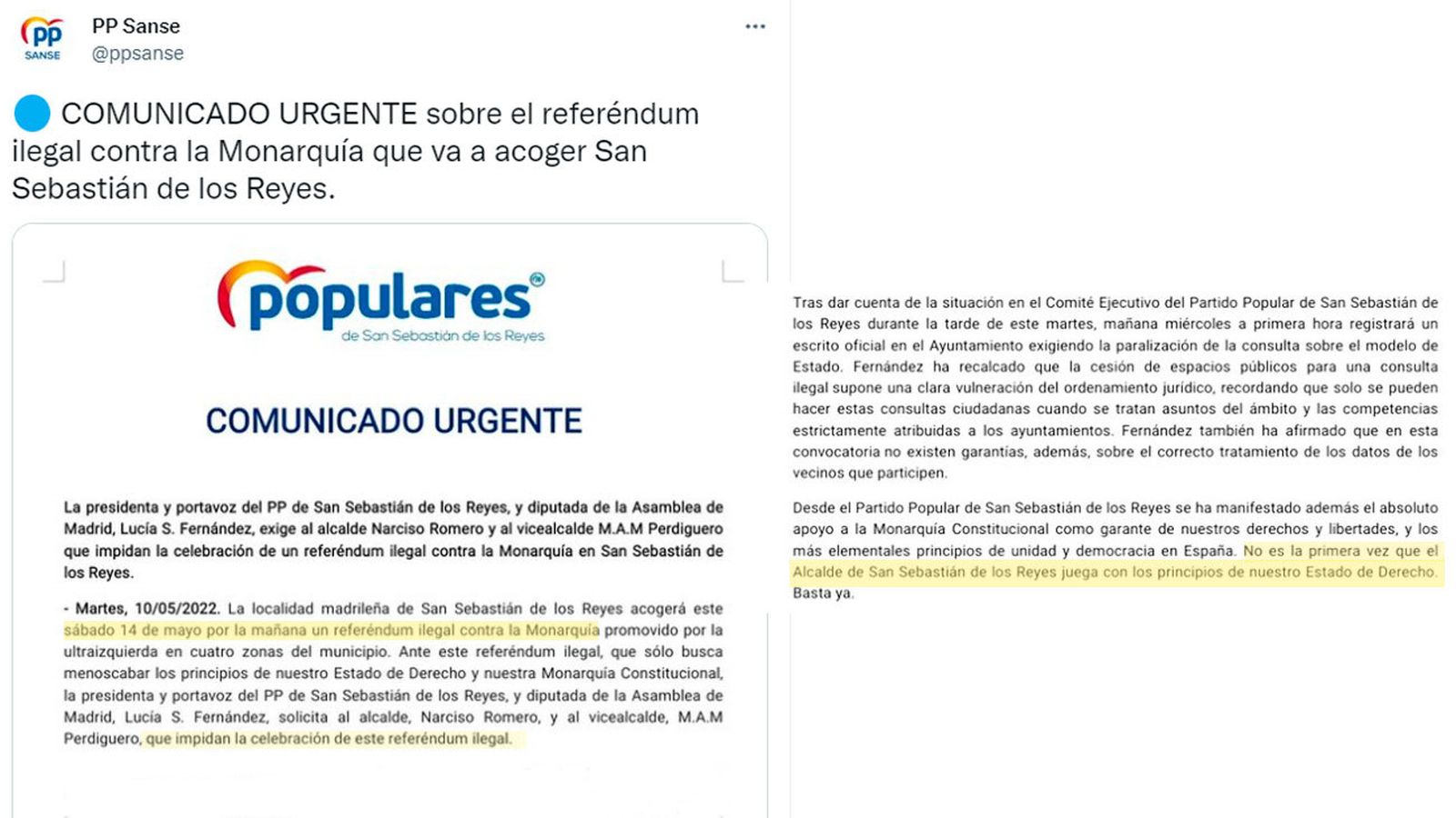 Comunicado PP de San Sebastián de los Reyes sobre el referéndum ilegal contra la Monarquía
