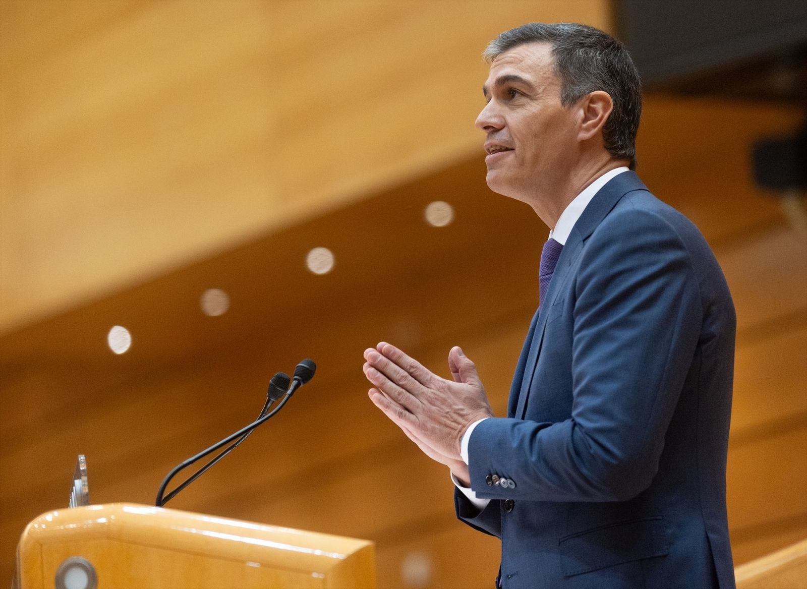 El presidente del Gobierno Pedro Sánchez, interviene durante la sesión extraordinaria del Congreso, en el Senado