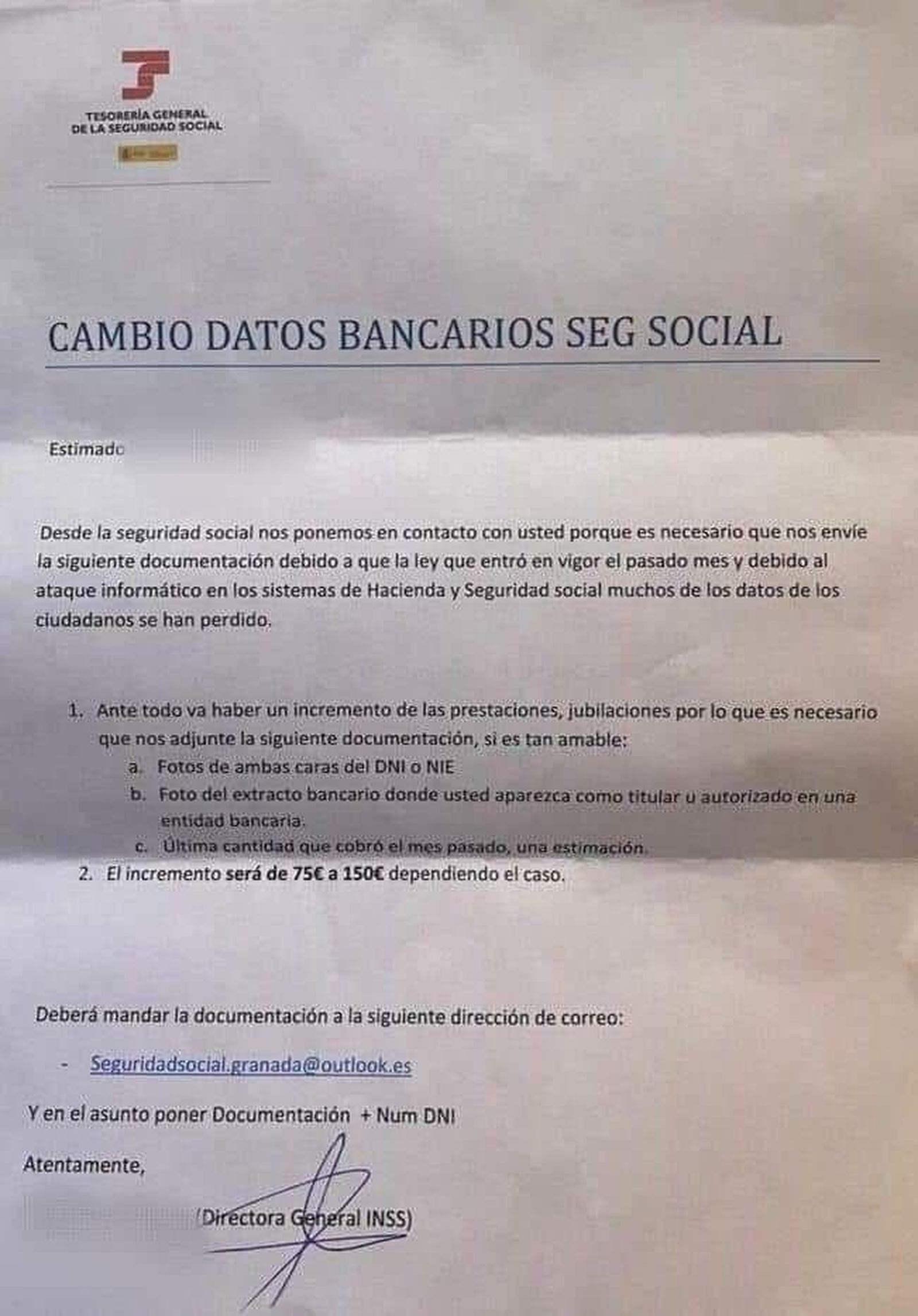 La Seguridad Social alerta de una estafa que pide datos bancarios