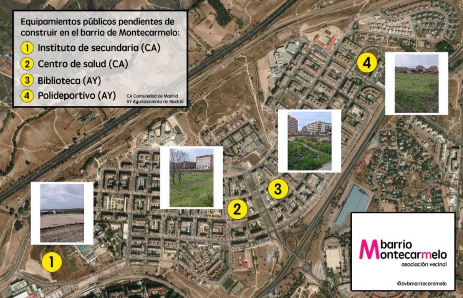 Localización de las parcelas con los equipamientos pendientes en Montecarmelo