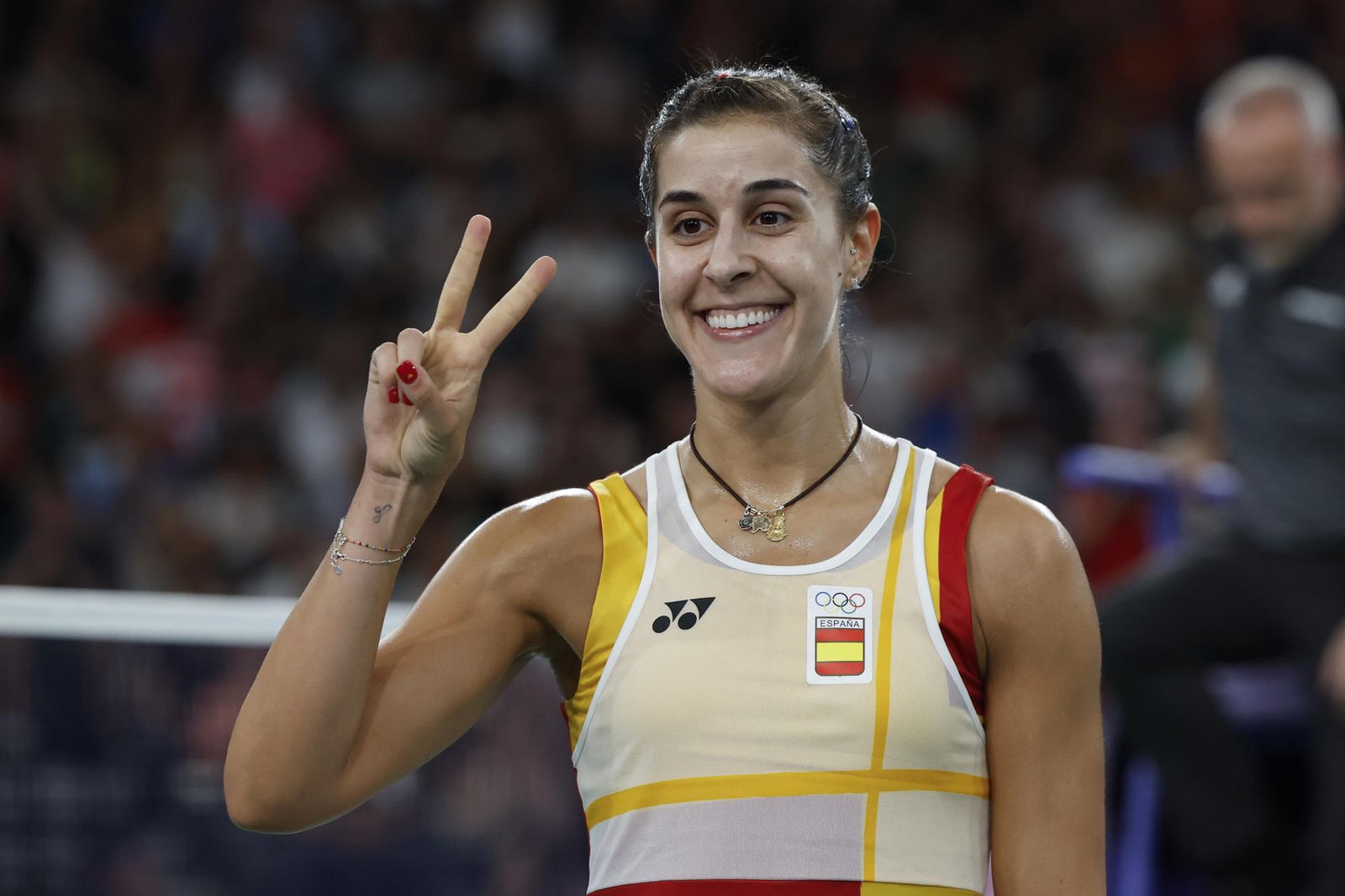 Celebración de la jugadora de bádminton española Carolina Marín tras ganar a la suiza Jenjira Stadelmann