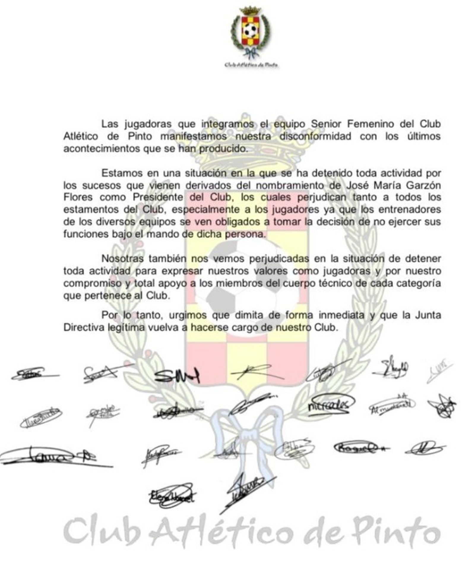 Comunicado del Atlético de Pinto Femenino