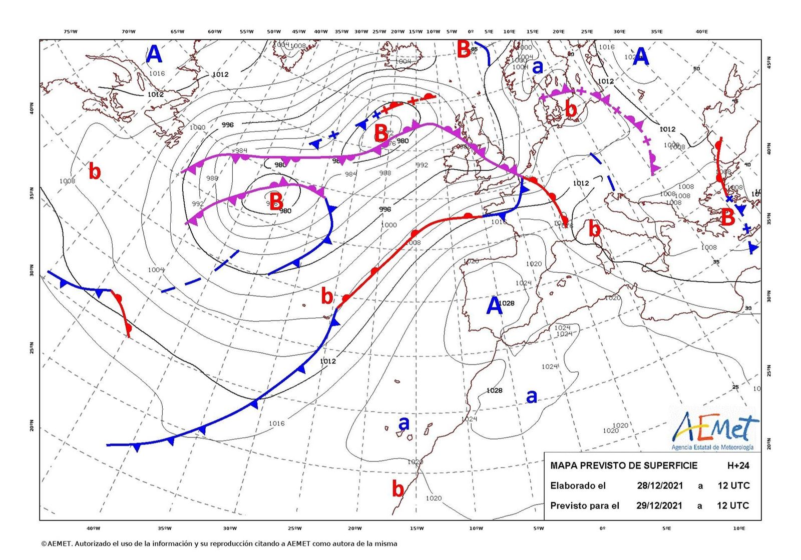 Mapa de isobaras del tiempo previsto para el 29/12/2021