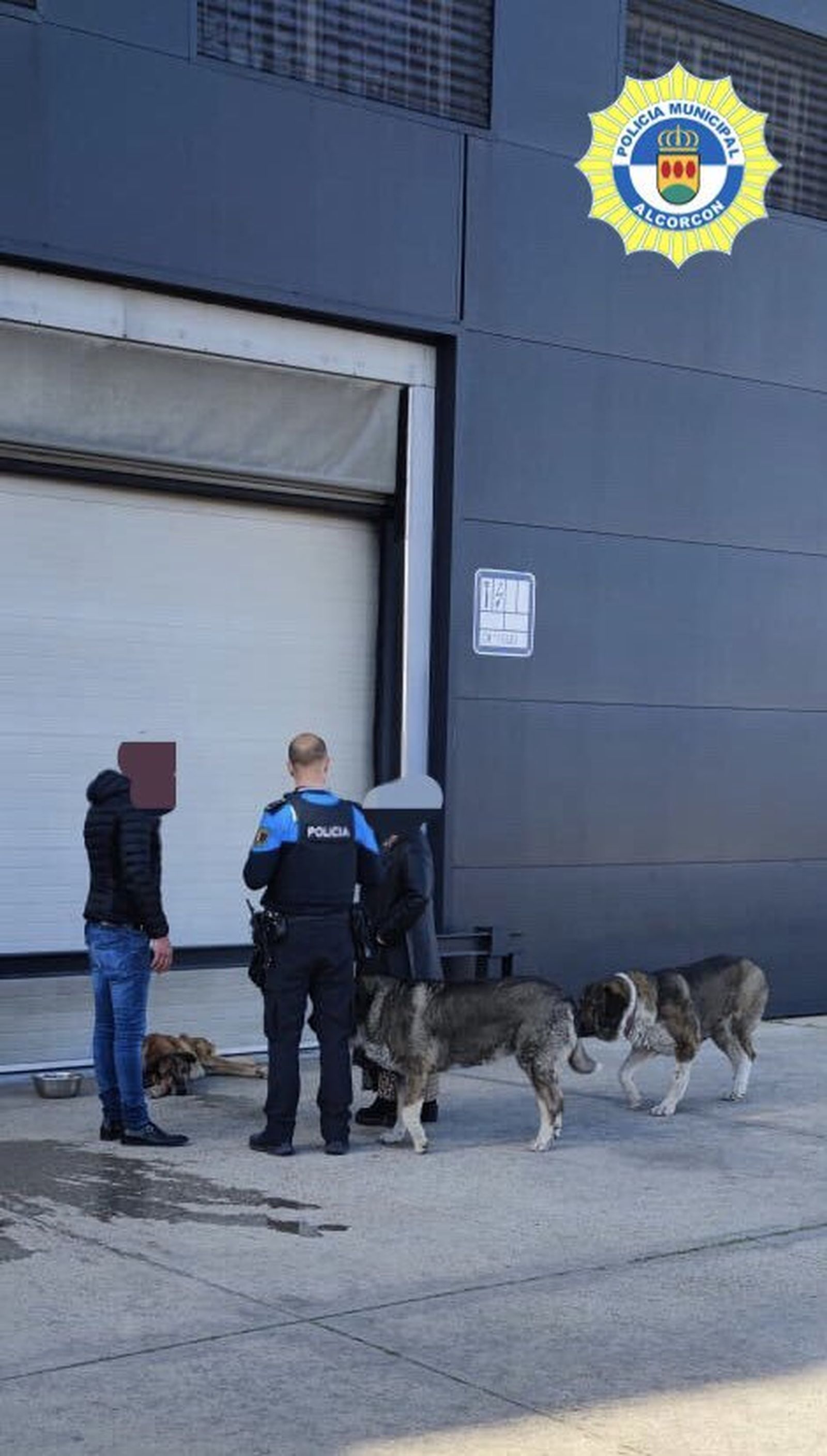 Un agente municipal junto a los dueños del perro, tumbado en el suelo