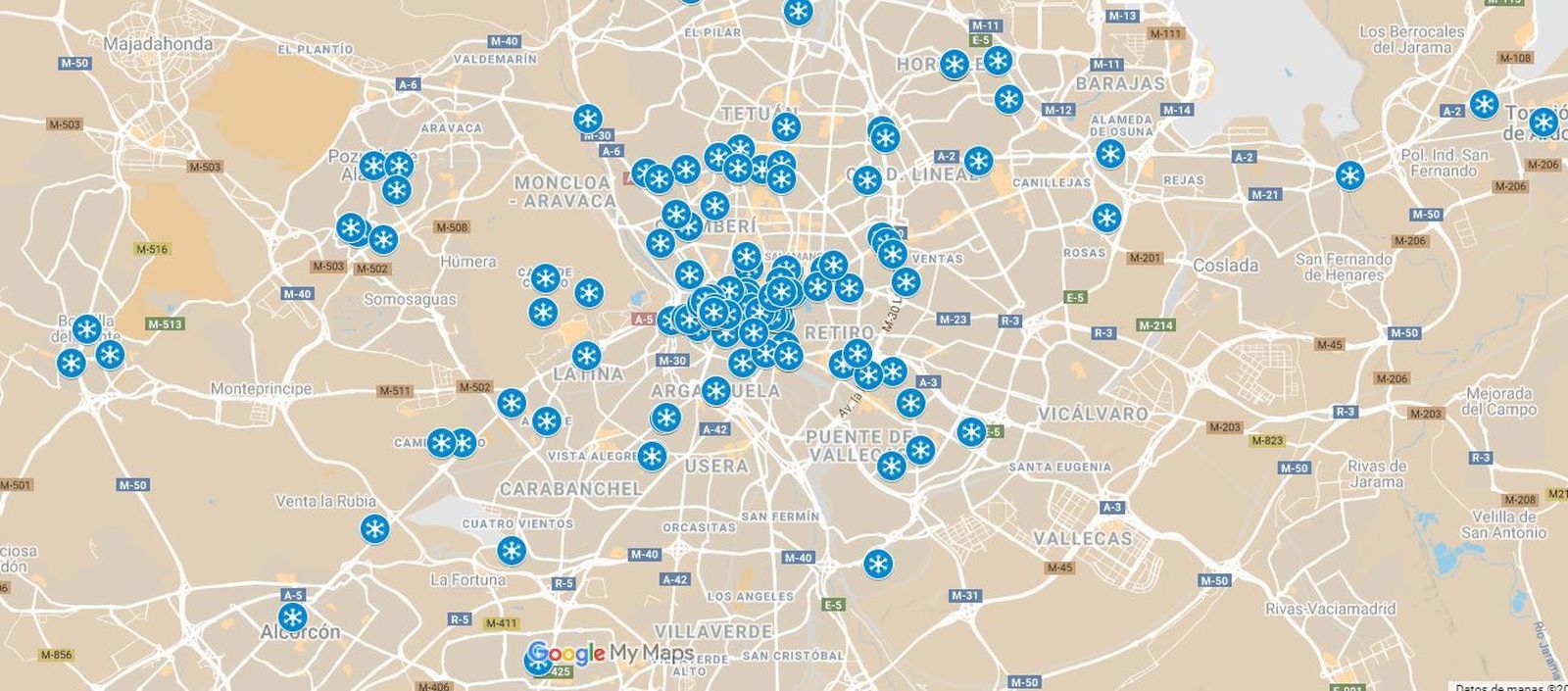 El mapa de la nieve en Madrid
