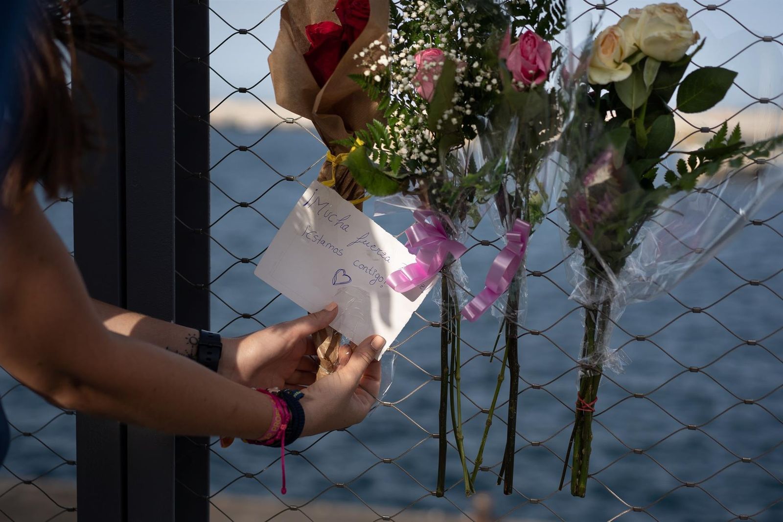 Una mujer coloca un ramo de flores en el puerto de Santa Cruz de Tenerife, frente a cuya costa aparUna mujer coloca un ramo de flores en el puerto de Santa Cruz de Tenerife, frente a cuya costa aparecía ayer el cuerpo de una de las niñas desaparecidas.ecía ayer el cuerpo de una de las niñas desaparecidas.