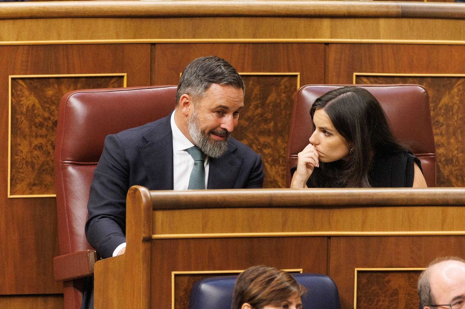 El líder de Vox, Santiago Abascal, y la nueva portavoz de Vox en el Congreso, Pepa Millán