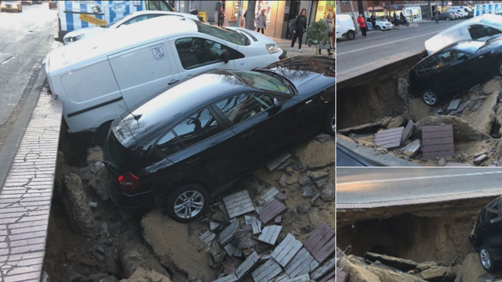 Los bomberos rescatan dos vehículos que se ha 'tragado' un socavón en Ciudad Lineal