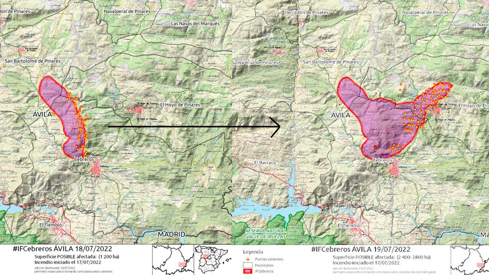 El incendio de Cebreros, entre el 18 y 19 de julio, a vista de satélite