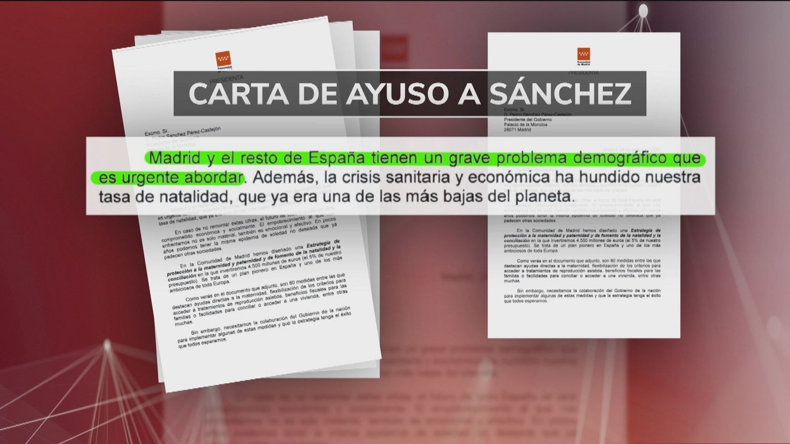 Ayuso envía una carta a Sánchez donde le pide que ayude en la estrategia para aumentar la natalidad en la región