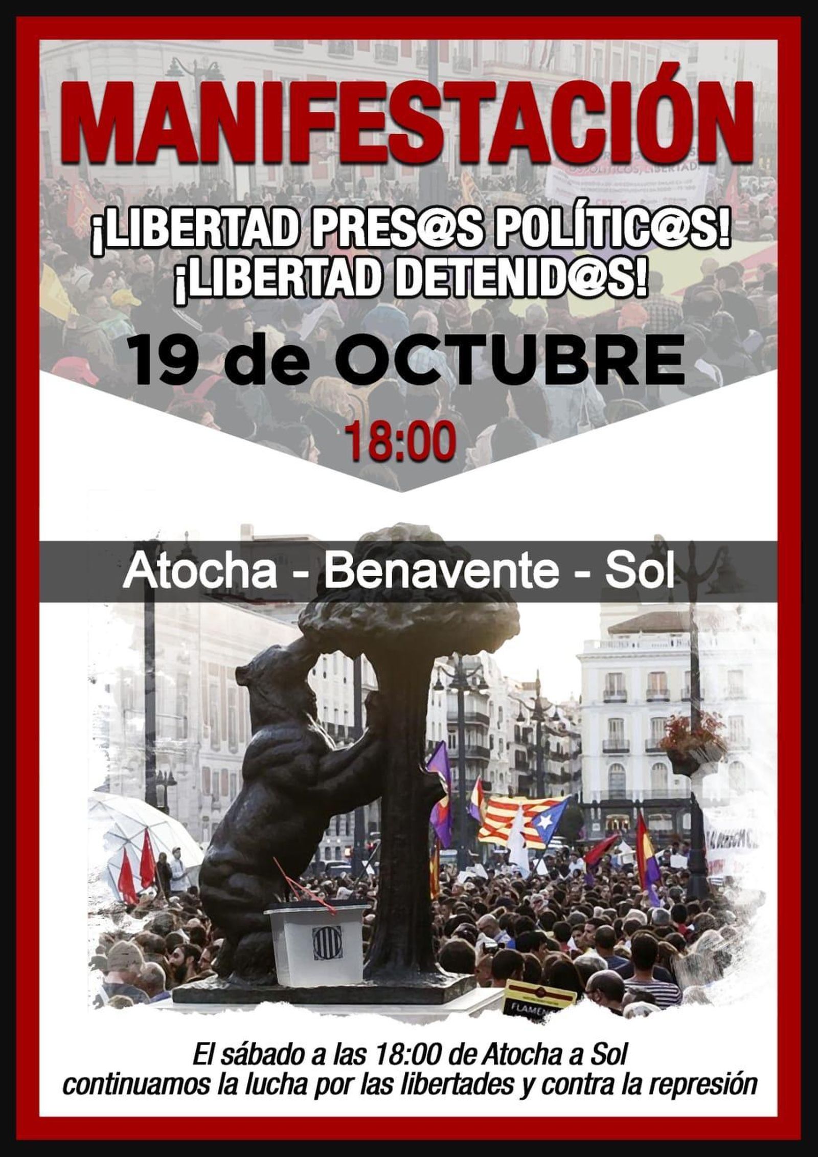 Convocatoria de la manifestación de este sábado 19 de octubre en Madrid contra la sentencia del procés