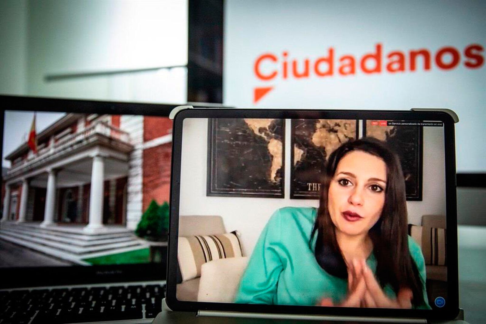 Inés Arrimadas en rueda de prensa telemática en el Congreso de los Diputados (Europa Press)