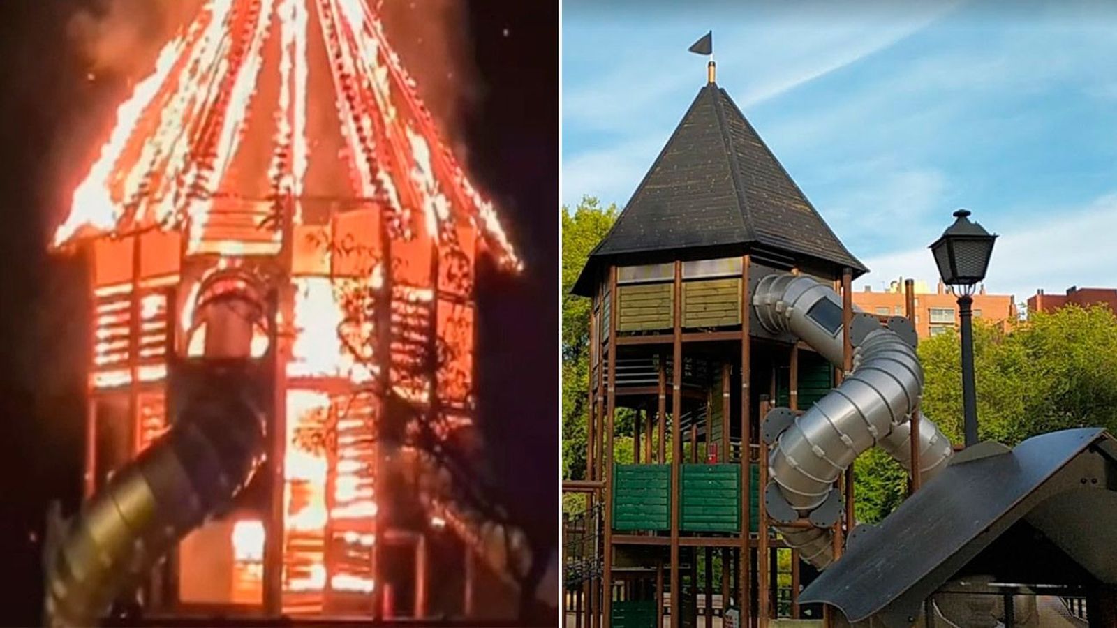 Un espectacular incendio arrasa un parque infantil de Orcasitas