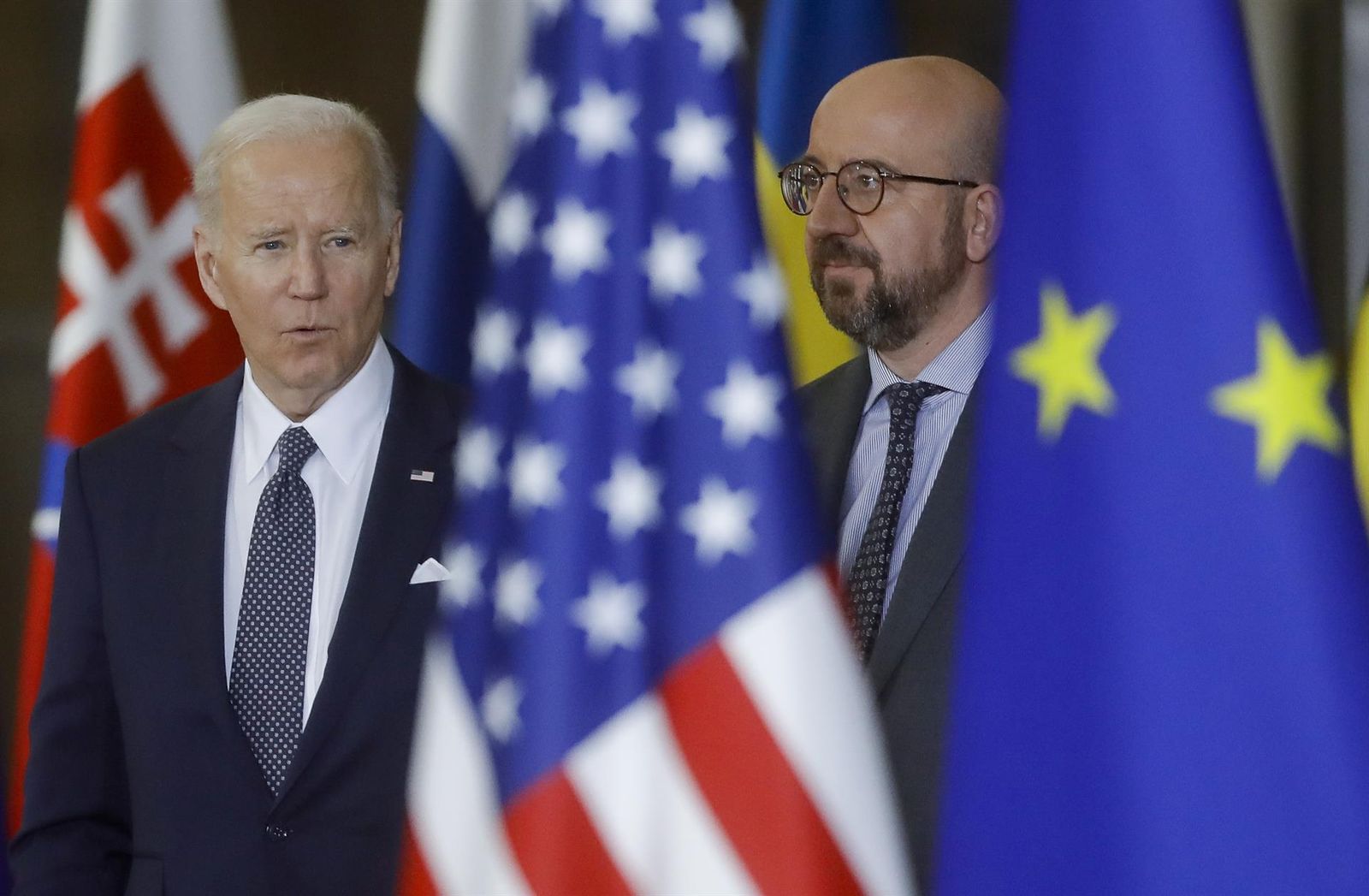 El presidente de Estados Unidos, Joe Biden y el presidente de la Consejo Europeo, Charles Michel, en Bruselas