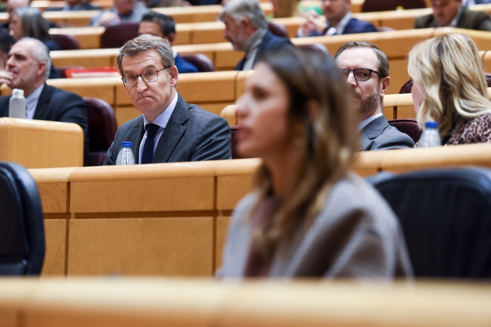 El presidente del PP, Alberto Núñez Feijóo, y la ministra de Igualdad, Irene Montero, durante una sesión plenaria en el Senado