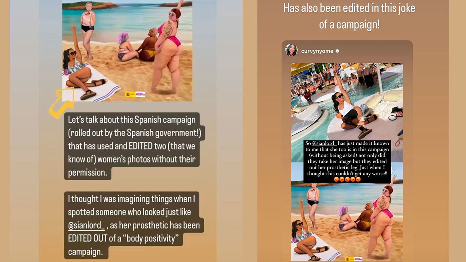 La indignación de Sian, modelo británica utilizada en el cartel del Ministerio de Igualdad