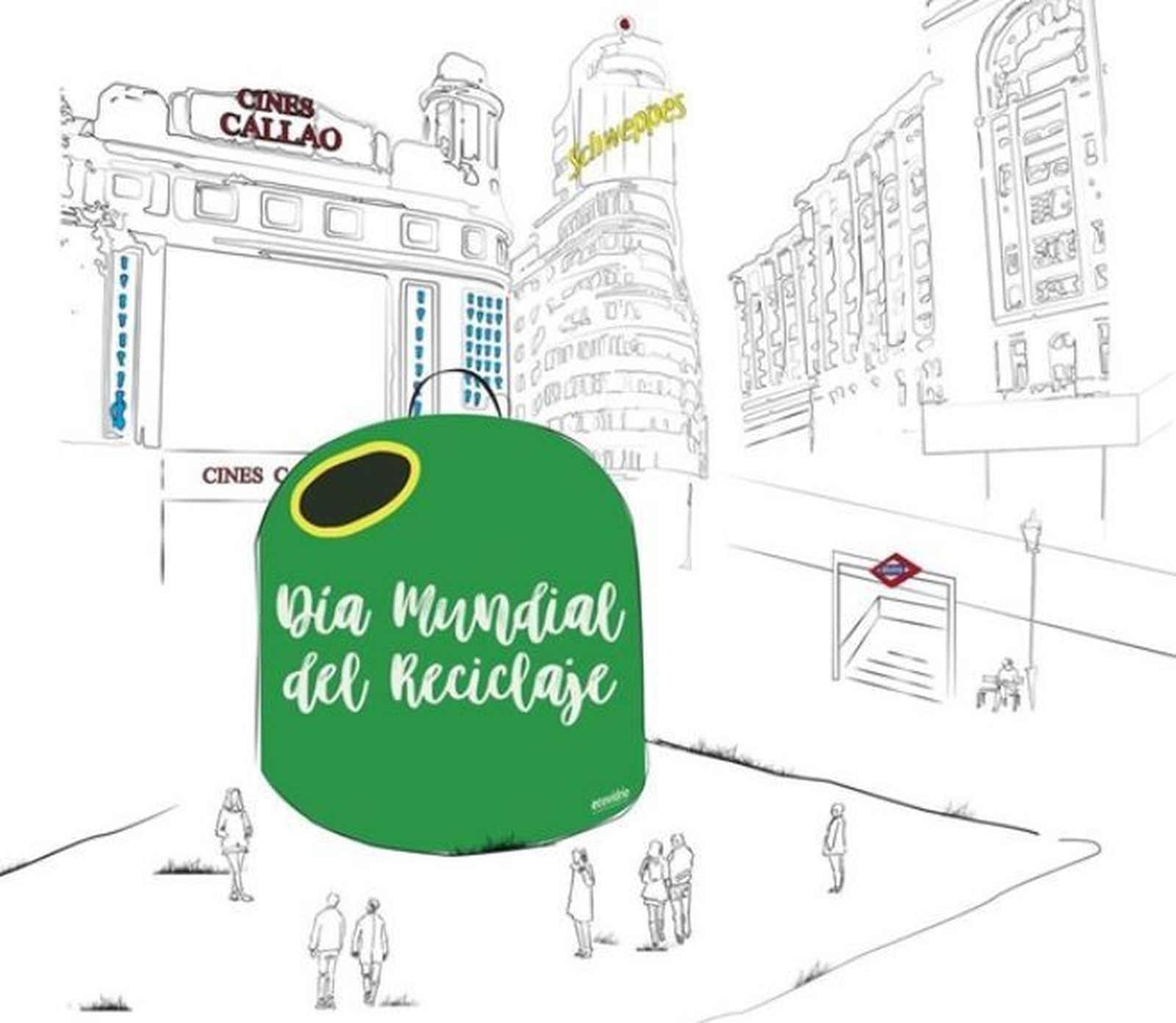 Dibujo difundido por Ecovidrio con su contenedor gigante en la plaza de Callao