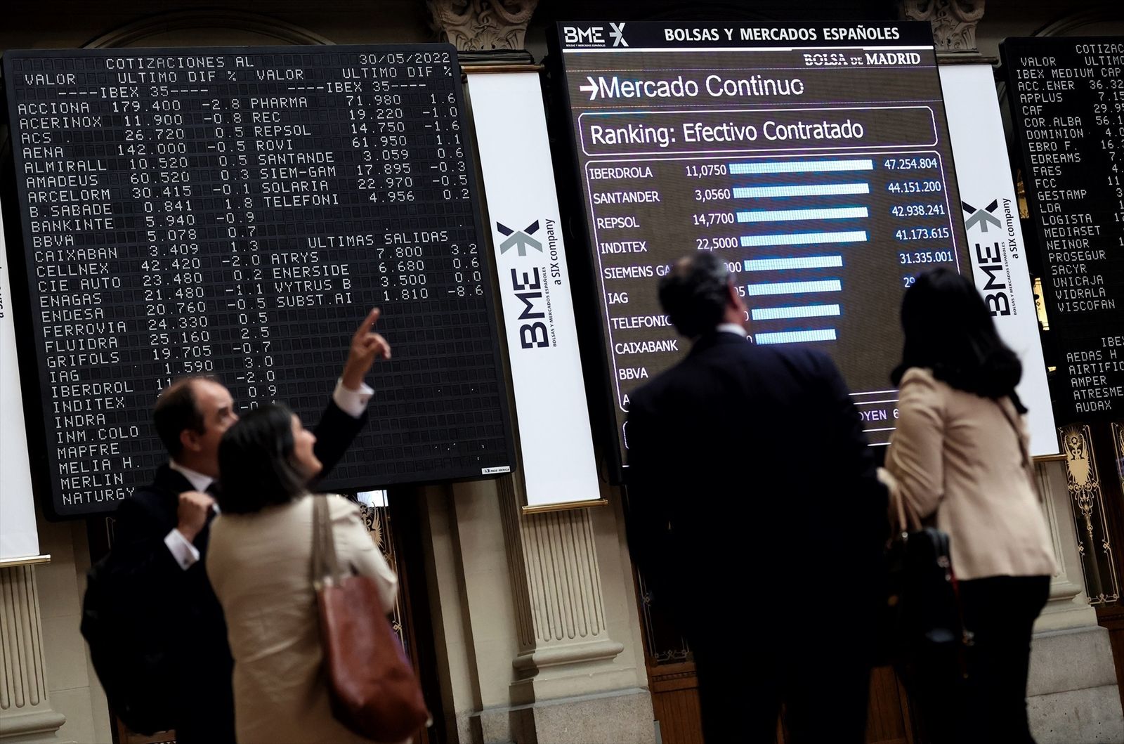 Varias personas frente a un panel de la Bolsa de Madrid