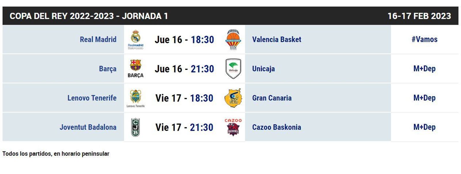 Horarios de la Copa del Rey