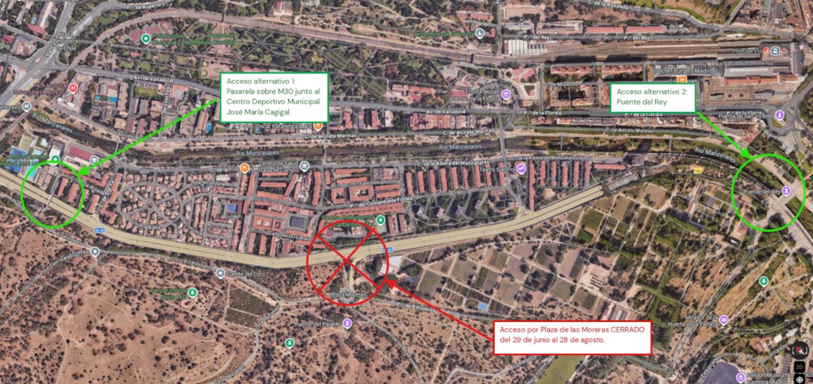 Mapa de obras en el paso inferior de Casa de Campo y la Colonia Manzanares