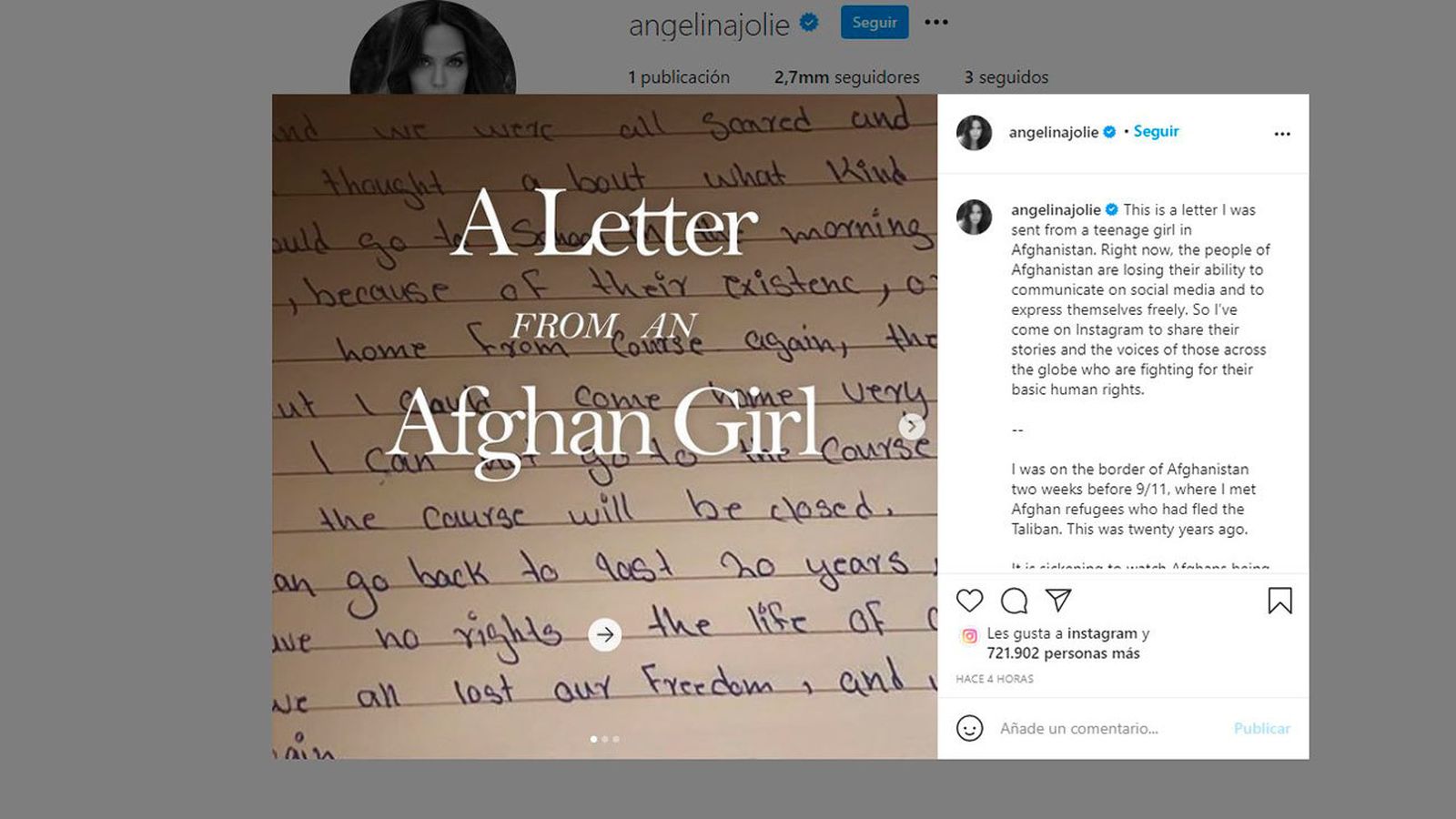 La primera publicación de Angelina Jolie en su nueva cuenta de Instagram