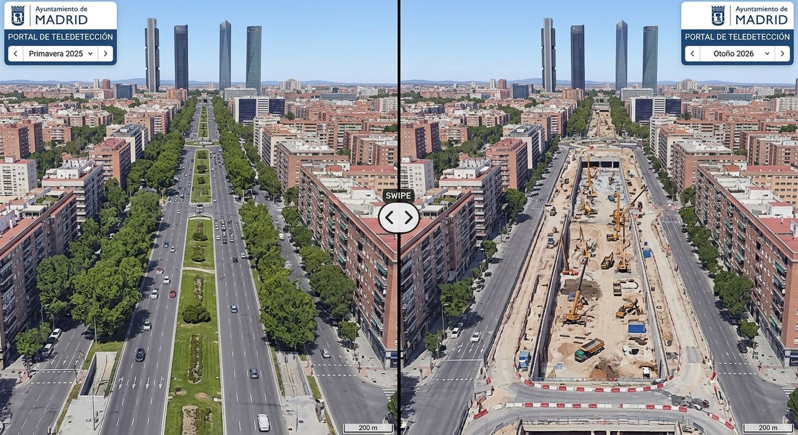 Recreación digital del funcionamiento de la herramienta interactiva 'Swipe' (Barrido Temporal) integrada en el Portal de Teledetección del Ayuntamiento de Madrid.