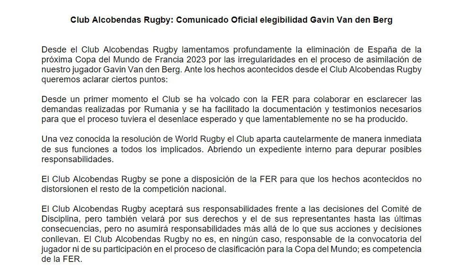 Comunicado del Alcobendas Rugby