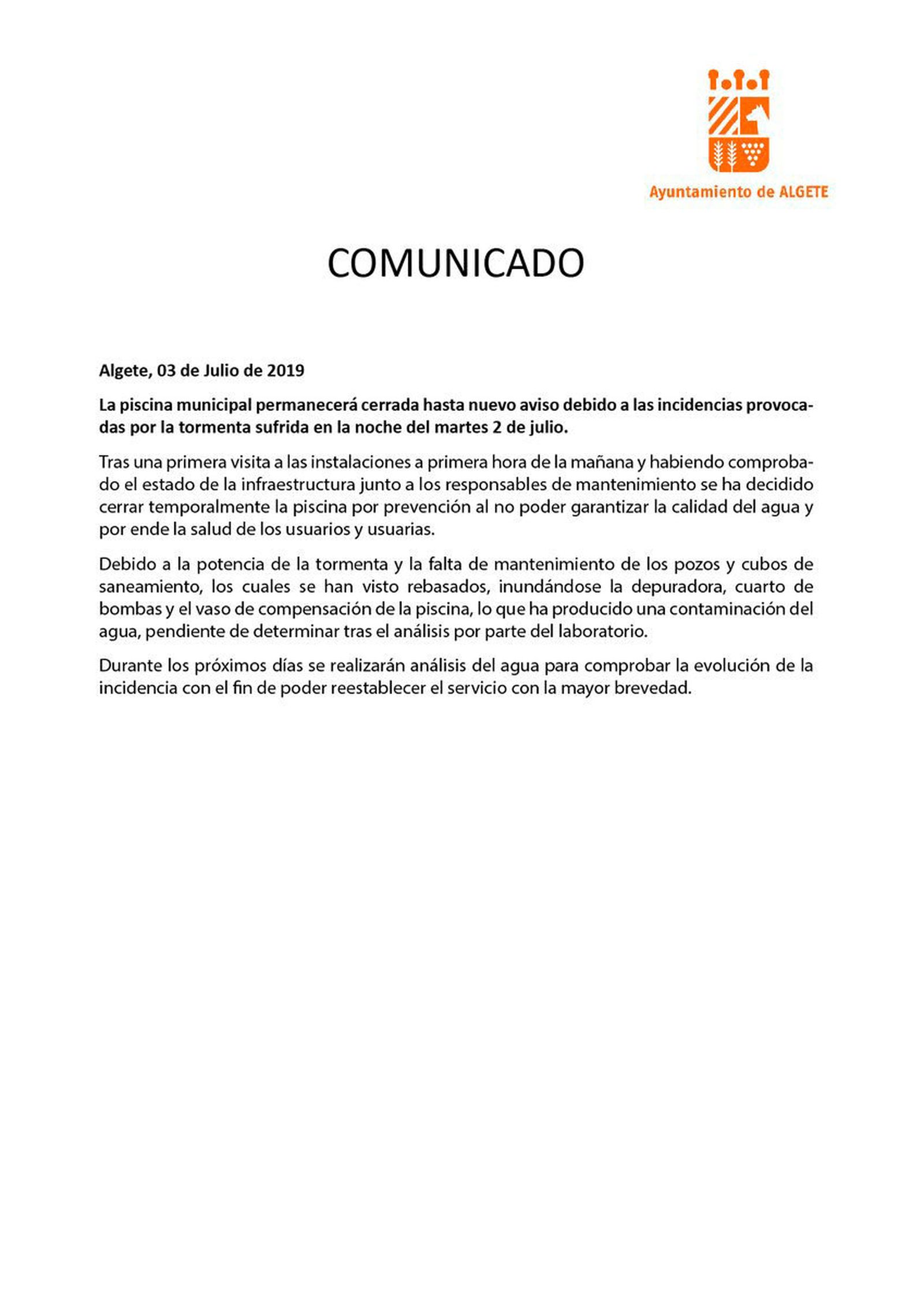 Comunicado del Ayuntamiento de Algete
