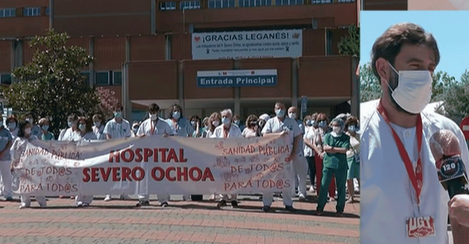 Los profesionales del hospital Severo Ochoa homenajean al pueblo de Leganés con una pancarta