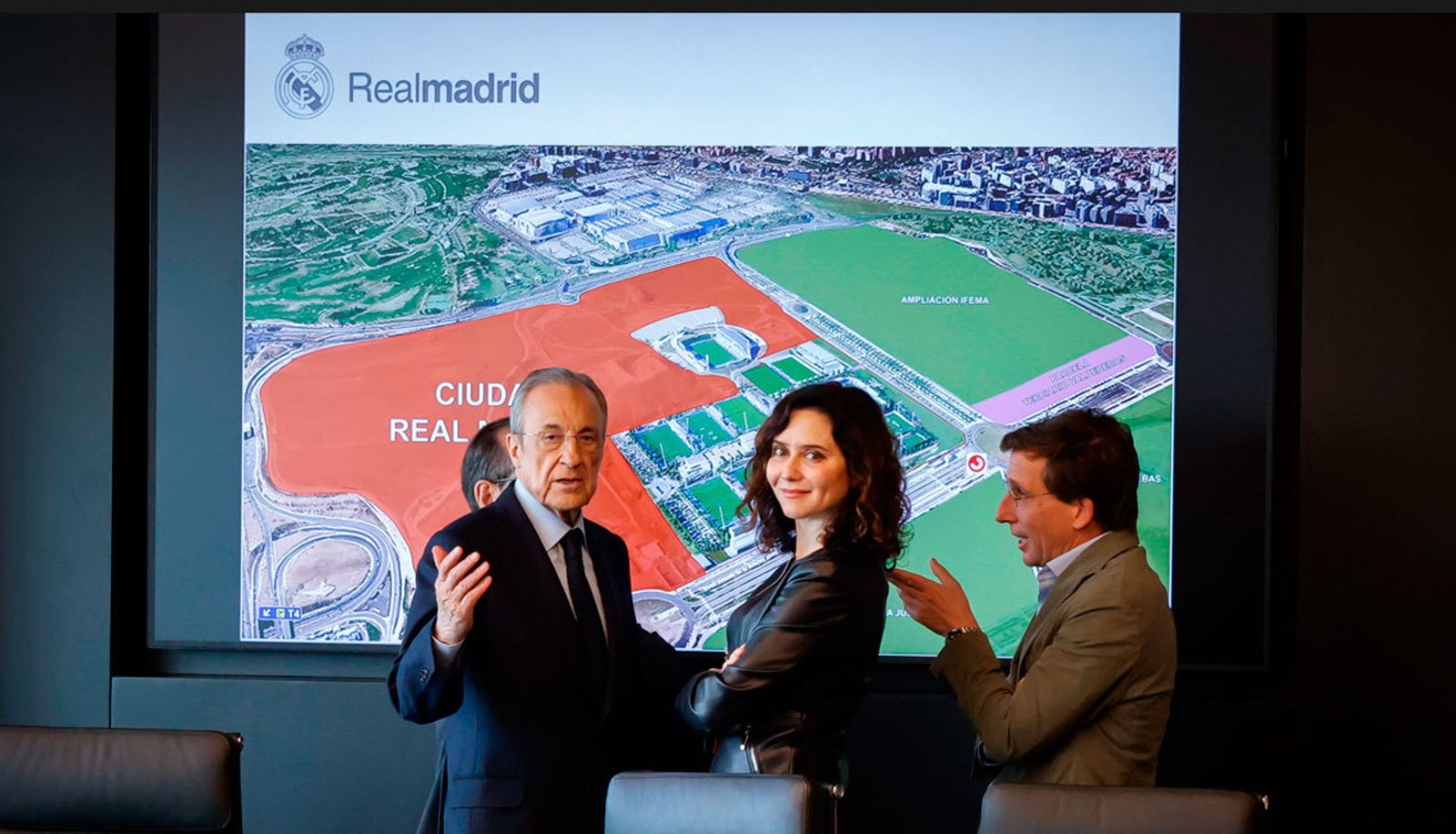 Florentino Pérez, Isabel Díaz Ayuso y Jose Luis Almeida en la presentación de 'Madrid Innovation District'