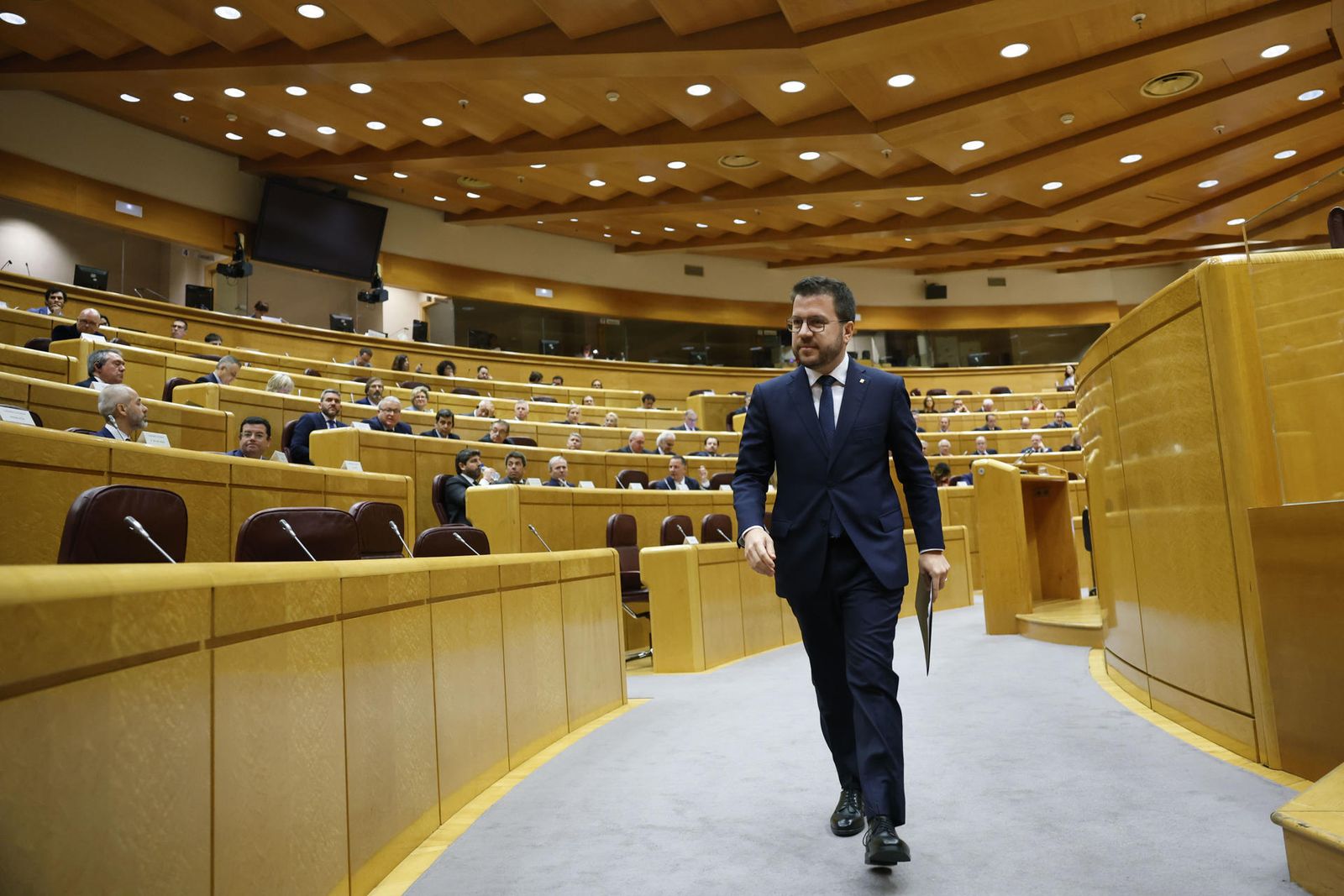 El presidente de la Generalitat, Pere Aragonès, tras su intervención en la sesión de la Comisión General de Comunidades Autónomas celebrada este lunes en el Senado