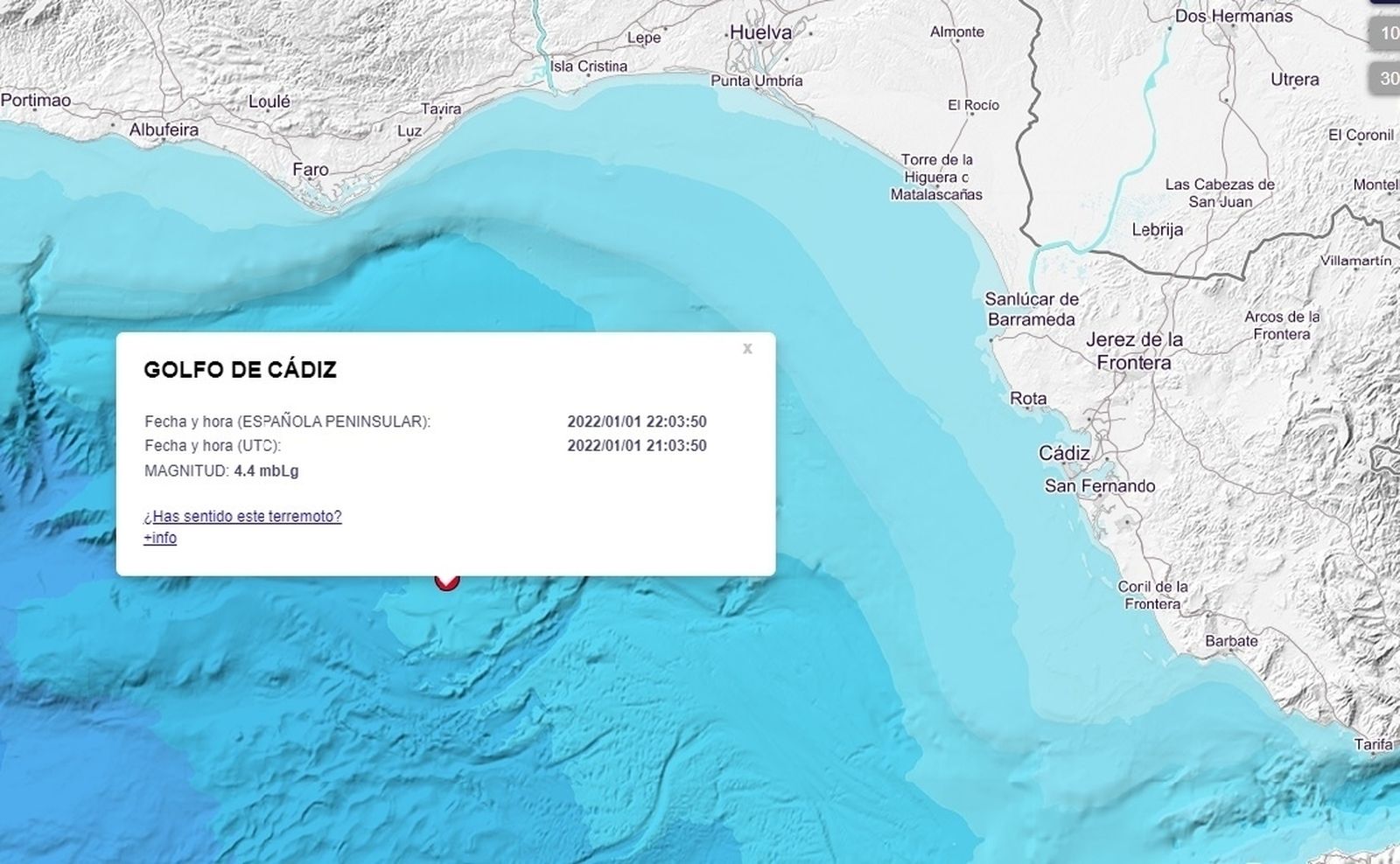 Zona donde se ha producido el terremoto cerca de Huelva